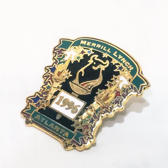 Atlanta Olympic Games 1996 Merrill Lynch Bull Stars Flame Lapel Pin 1.5" - Picture 2 of 5
